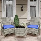 Garvee 3-teiliges Rattan-Gartenmöbel-Set mit 2 gepolsterten Stühlen und Beistelltisch für Garten und Veranda, Grau und Blau - 