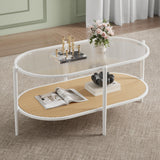 Garvee 2-Stufiger Rattan-Couchtisch Oval Mit Metallrahmen Und Gehärtetem Glas Für Wohnzimmer Und Büro Weiß - Weiß