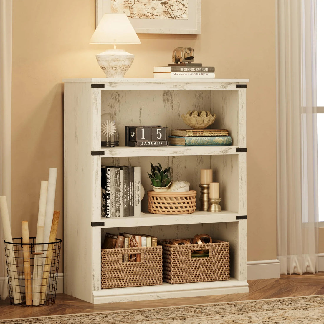 Garvee Bücherregal 4 Ebenen 80 x 32 x 102 cm, breites Standregal aus Holz mit 3 Regalbereichen, stabiles Aufbewahrungsregal im Industrie-Look, Weiß