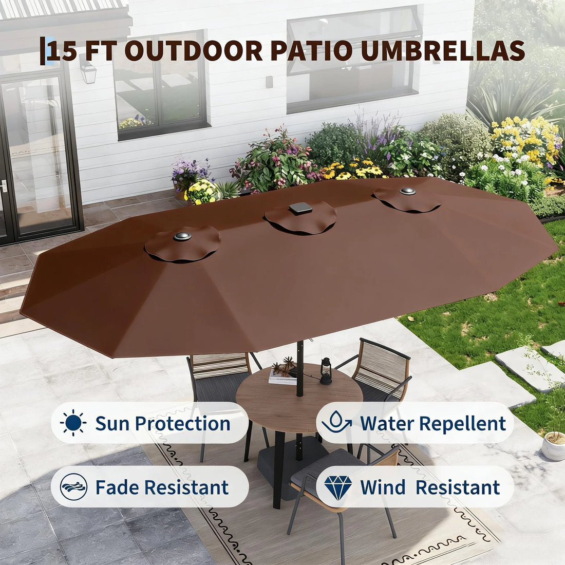 Garvee 270×450 cm Rechteck-Sonnenschirm mit Solar-LED-Beleuchtung & Standfuß, UV-beständiger Gartenschirm mit Kurbelgriff, für Terrasse, Pool & Garten, Braun