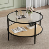 Garvee 30" Rattan Couchtisch Mit 2 Ebenen, Metallrahmen, Wasserwellen-Glasplatte, Schwarz, Wohnzimmer Und Büro, 30" - Schwarz