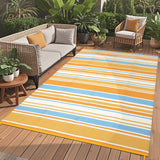 GARVEE Outdoor-Teppich 274 x 366 cm, Wendbarer Balkonteppich aus Kunststoffstroh, Geometrisches Streifenmuster für Terrasse, Balkon & Strand, Wetterfest, Mehrfarbig - Gelb-Blau gestreift