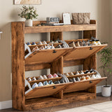 Garvee Schuhschrank mit 4 Klappen, 105 × 23 × 96 cm, schmaler Schuhkipper mit Rattanfronten, Platz für 26–32 Paar Schuhe und Kippschutz, Braun - Braun