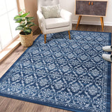 GARVEE Vintage Teppich 160 x 230 cm, Waschbarer Kurzflor-Teppich mit Geometrischem Muster, Rutschfest für Wohnzimmer, Schlafzimmer & Esszimmer, Blau - Blau