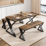 Garvee Esstisch Mit 2 Bänken, Metallrahmen, MDF Holz, Kratzfest Für Küche & Esszimmer, Platzsparend, Braun