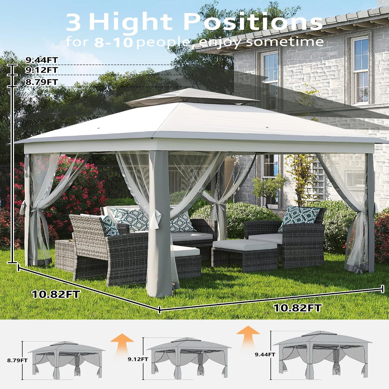 Garvee Pop Up Pavillon 335×335 cm, Mit Moskitonetz, Wasserdicht, UV-Schutz, Höhenverstellbar, Grau