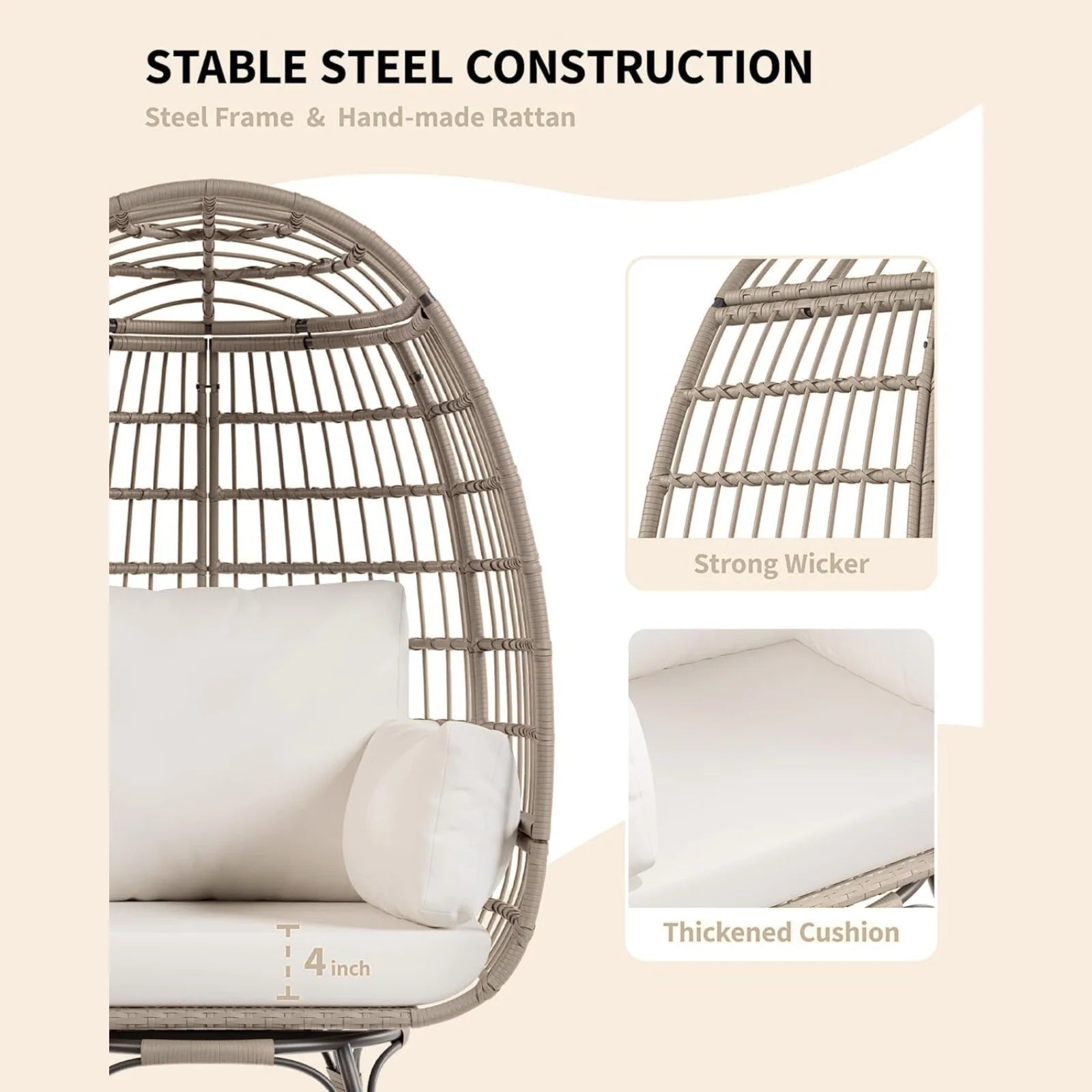 Garvee Rattan Ei Stuhl 360° Drehbar, Mit Kissen, Stahlrahmen, Für Innen & Außen, Braun+Beige