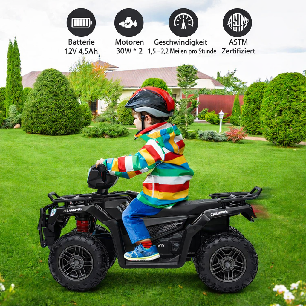 GARVEE Kinder Elektro-Quad 12V, Elektrisches Kinderfahrzeug mit 2 Motoren, LED-Lichtern, Musik & Rückwärtsgang, Für Jungen und Mädchen von 3–8 Jahren, Schwarz