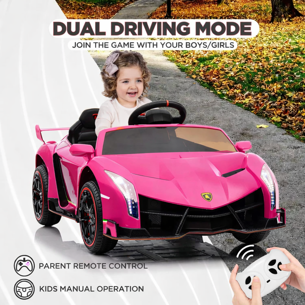 Garvee 12V Kinder Elektroauto Sportwagen, elektrisches Kinderfahrzeug mit Flügeltüren, LED-Scheinwerfern, MP3-Funktion, Fernbedienung und 3 Geschwindigkeitsstufen, ab 3 Jahren, Rosa