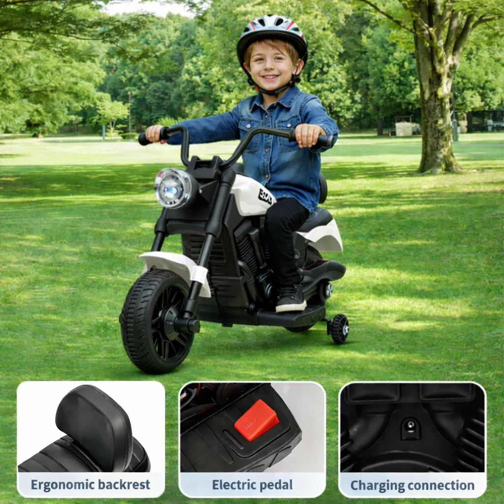 Garvee 6V Kinder-Elektromotorrad, elektrisches Motorrad für Kinder mit Sanftanlauf, Federung und sicherem Fahrkomfort, ab 2 Jahren, Weiß