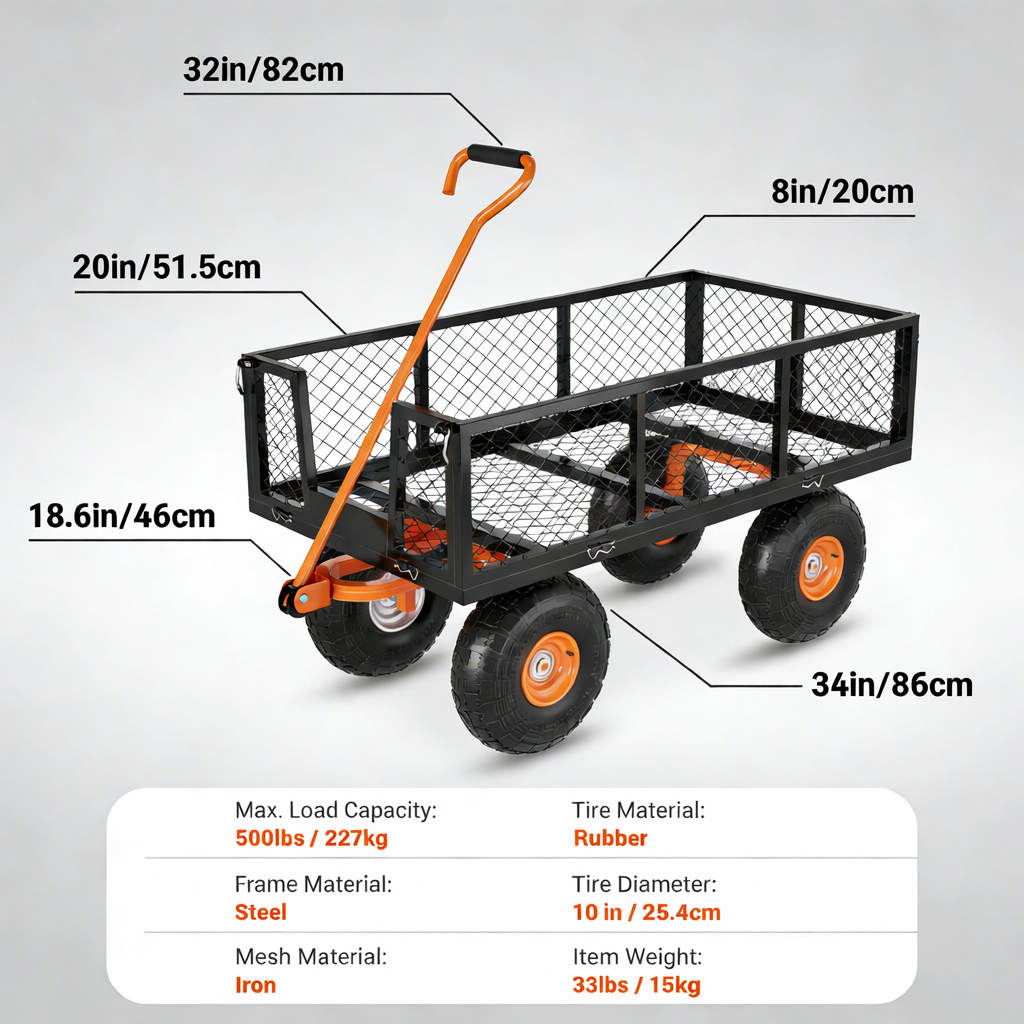 Garvee 3-in-1 Utility Gartenwagen aus Stahl, 227 kg, Mesh-Seiten, 25 cm Reifen für Gelände