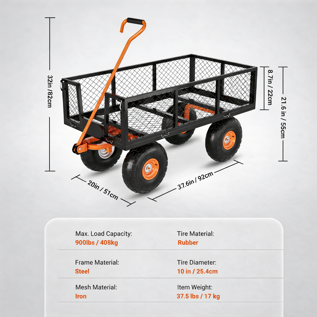 Garvee Schwerlast 3-in-1 Gartenwagen aus Stahl, 408 kg, 25 cm Räder, Wetterfest
