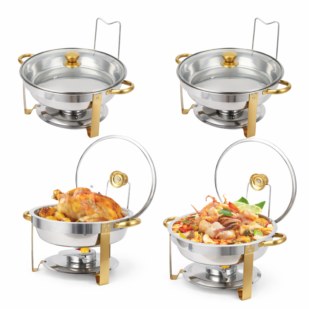 Garvee Chafing Dish 4er Set 5QT – Edelstahl, Goldrahmen, Rund, 42 × 41 × 28 cm, Catering