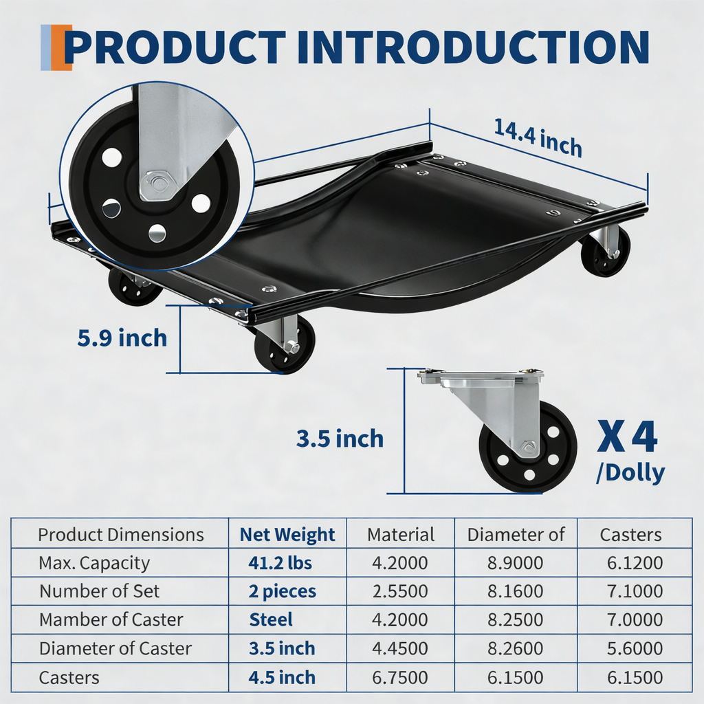 Garvee Schwerlast Auto Radroller 4er Set, Schwarz – Bis zu 2.500 lbs Pro Dolly, mit Breiter Stahlaufnahme für Einfaches Bewegen von Autos