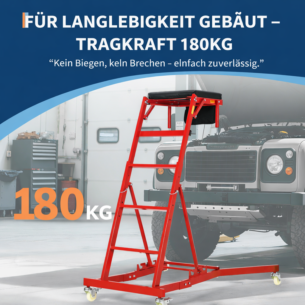 Garvee Schwerlast-Kfz-Arbeitsliege Höhenverstellbar, 181 kg Tragkraft, 125-175 cm Höhe, mit gepolstertem Deck und Lenkrollen (Rot)