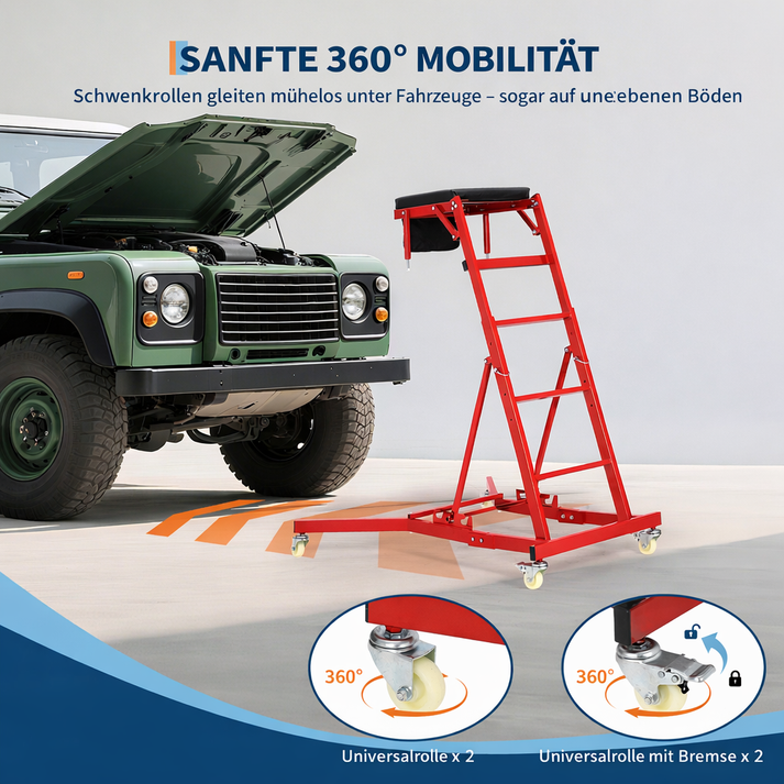 Vier 360° Lenkrollen, zwei mit Feststellbremsen