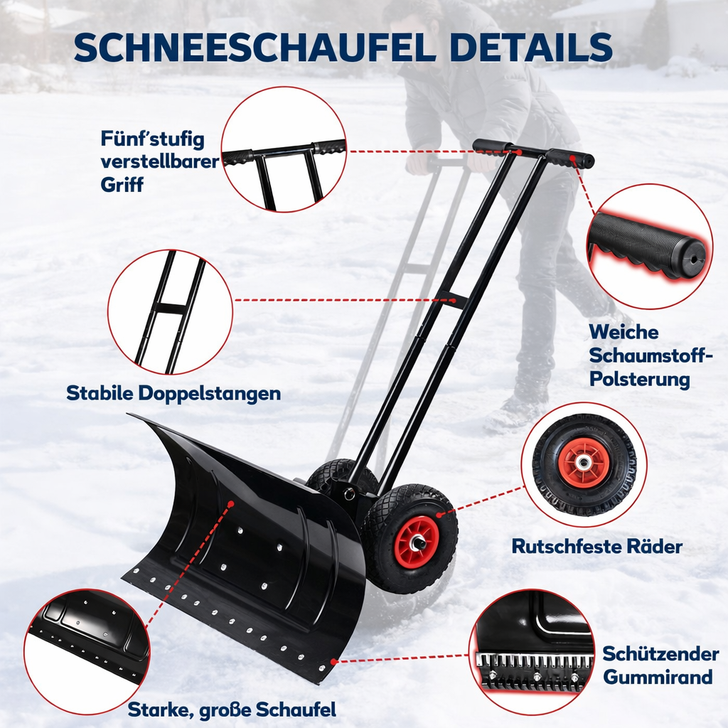 Garvee Schneeschieber mit Doppelstangen-Design - 74 cm Metallklinge, 5-fach höhenverstellbar (24.5-108 cm), ergonomisch & zusammenklappbar für Gehweg und Einfahrt