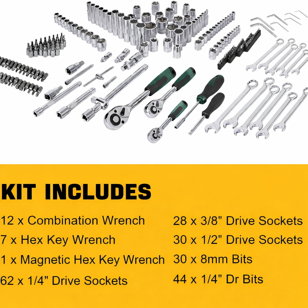 Garvee 216-tlg. Profi-Werkzeugset – Steckschlüsselsatz mit 1/4", 3/8", 1/2" Antrieb, 72-Zahn Ratsche & rollbarem Koffer für Auto, Werkstatt und Haus