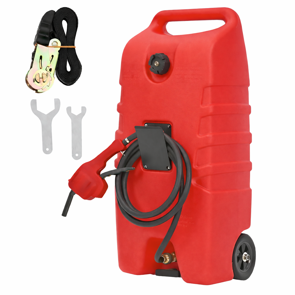 Garvee 53L Kraftstoff-Transportwagen (Rot) – Mit Handpumpe, 3m Schlauch, 6″ Rädern, Griff & Transport-Sicherheitsgurt
