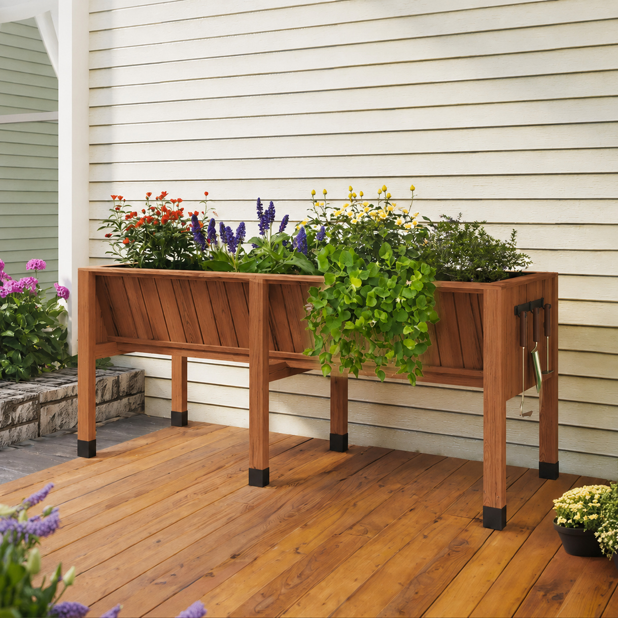 GARVEE Hochbeet aus Zedernholz 183 x 66 x 79 cm, Ergonomisches Pflanzbeet mit 35 cm Tiefe und Haken, Hochbeet für Gemüse, Kräuter, Blumen und Balkon, Dunkelbraun