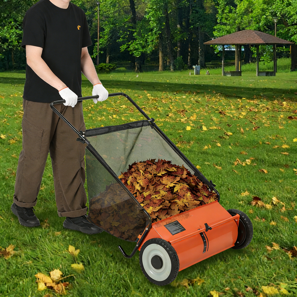 Garvee Rasenkehrer 66 cm Mit 4 Bürsten, 200 L Beutel, Höhenverstellbar, Stahlrahmen, Orange