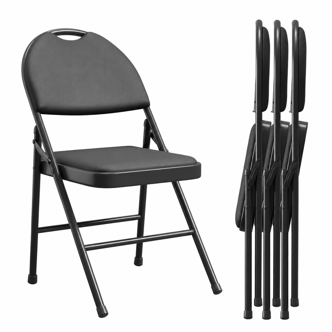 Garvee Klappstühle Set 4, PU Leder Gepolstert, Metallrahmen, Faltbar, Für Büro & Events, Schwarz