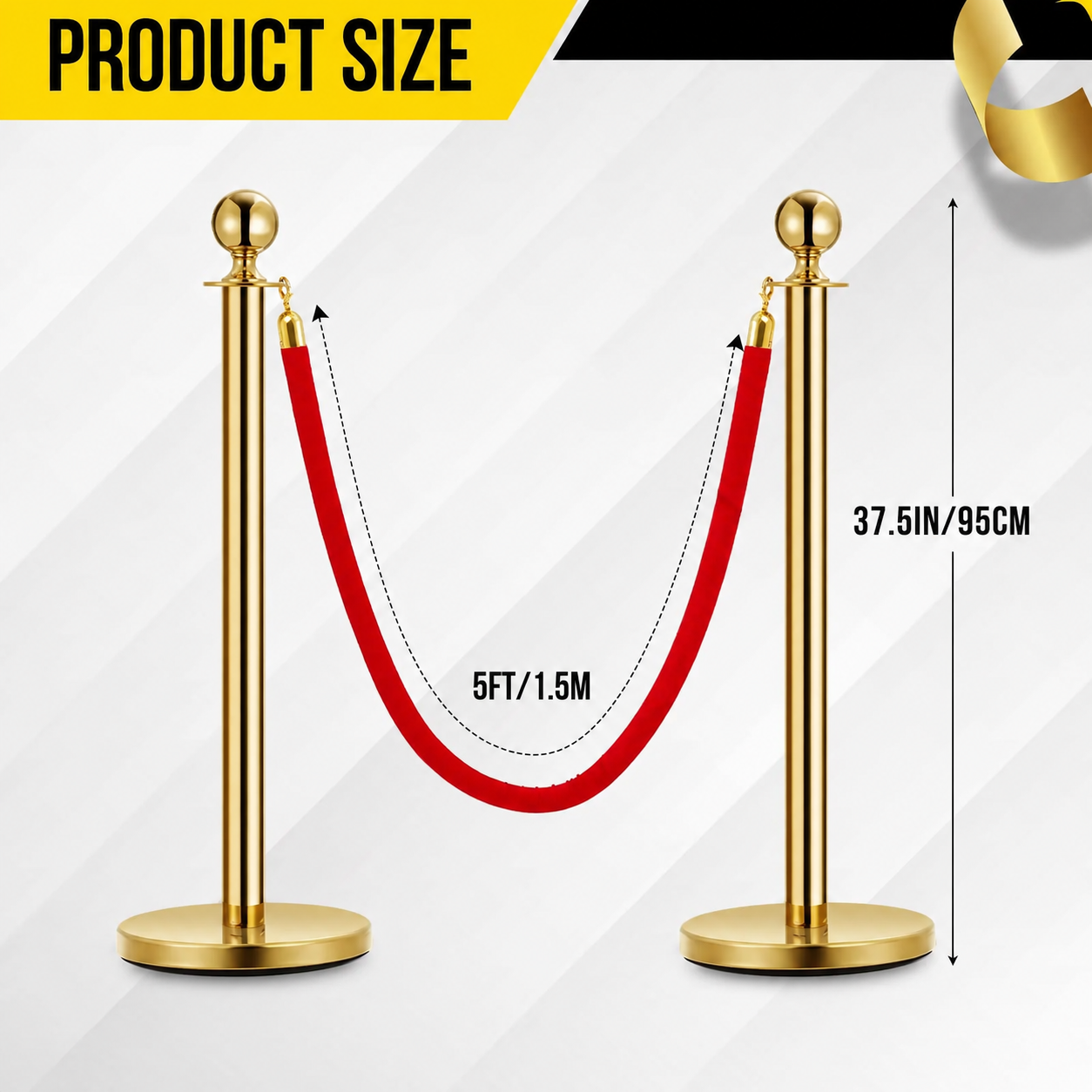 Garvee 10er Set Goldene Absperrpfosten mit Samtroten Seilen – Edelstahl, 95 cm Höhe, 5 Fuß (1,5 m) Seillänge, für professionelle Besucherlenkung bei Events & Hotels