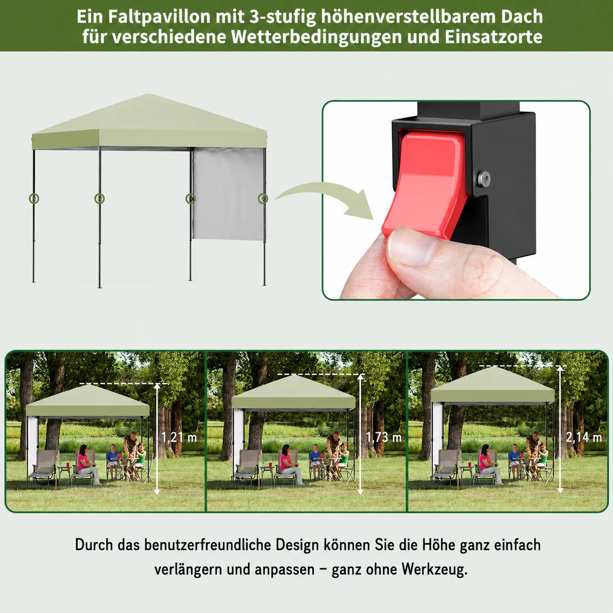 GARVEE 2,2 x 2,2 m Pop-Up Pavillon, Wasserdichtes Gartenpavillon mit UV-Schutz, Höhenverstellbar und Tragetasche, Ideal für Garten, Camping und Outdoor Events, Hellgrün