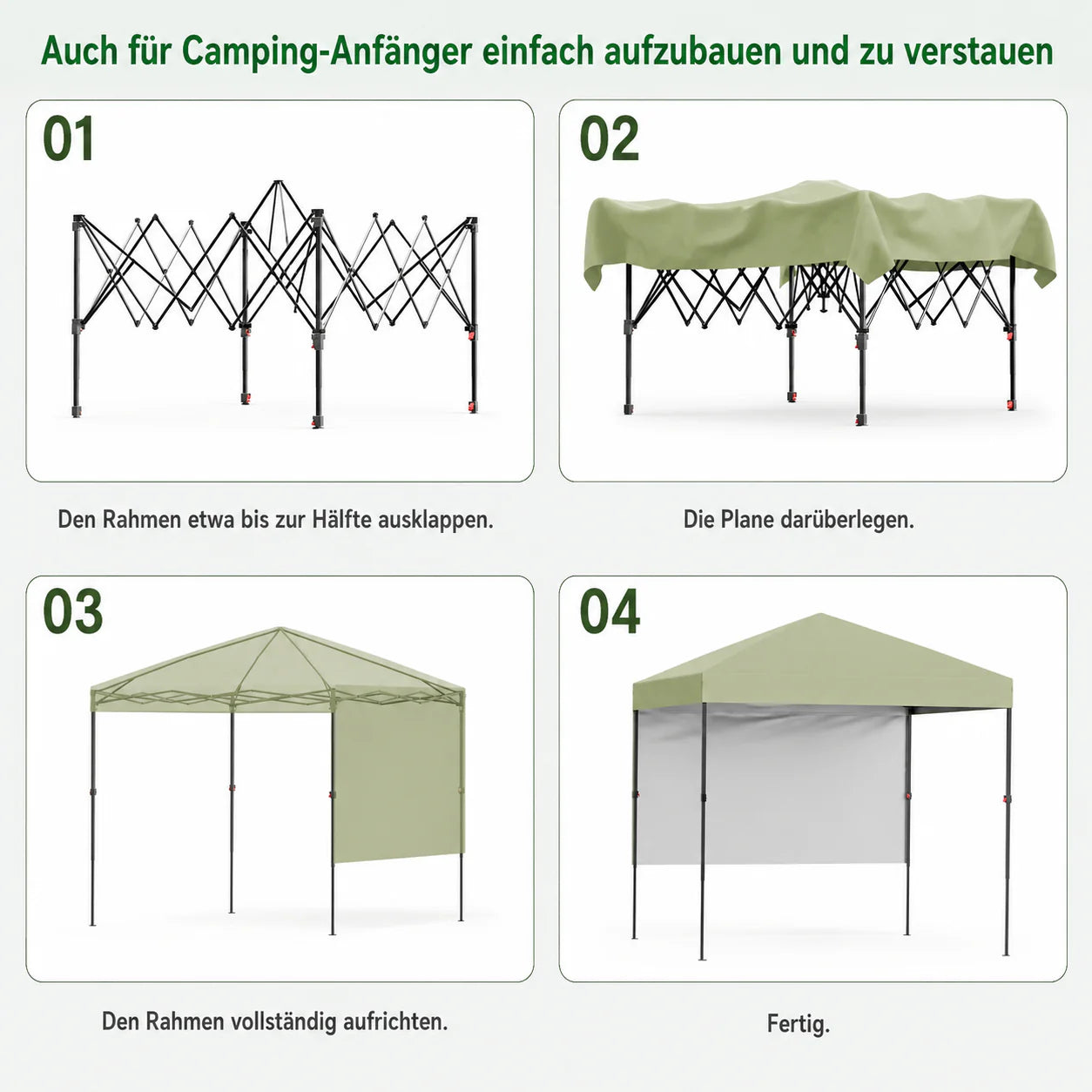 GARVEE 2,2 x 2,2 m Pop-Up Pavillon, Wasserdichtes Gartenpavillon mit UV-Schutz, Höhenverstellbar und Tragetasche, Ideal für Garten, Camping und Outdoor Events, Hellgrün