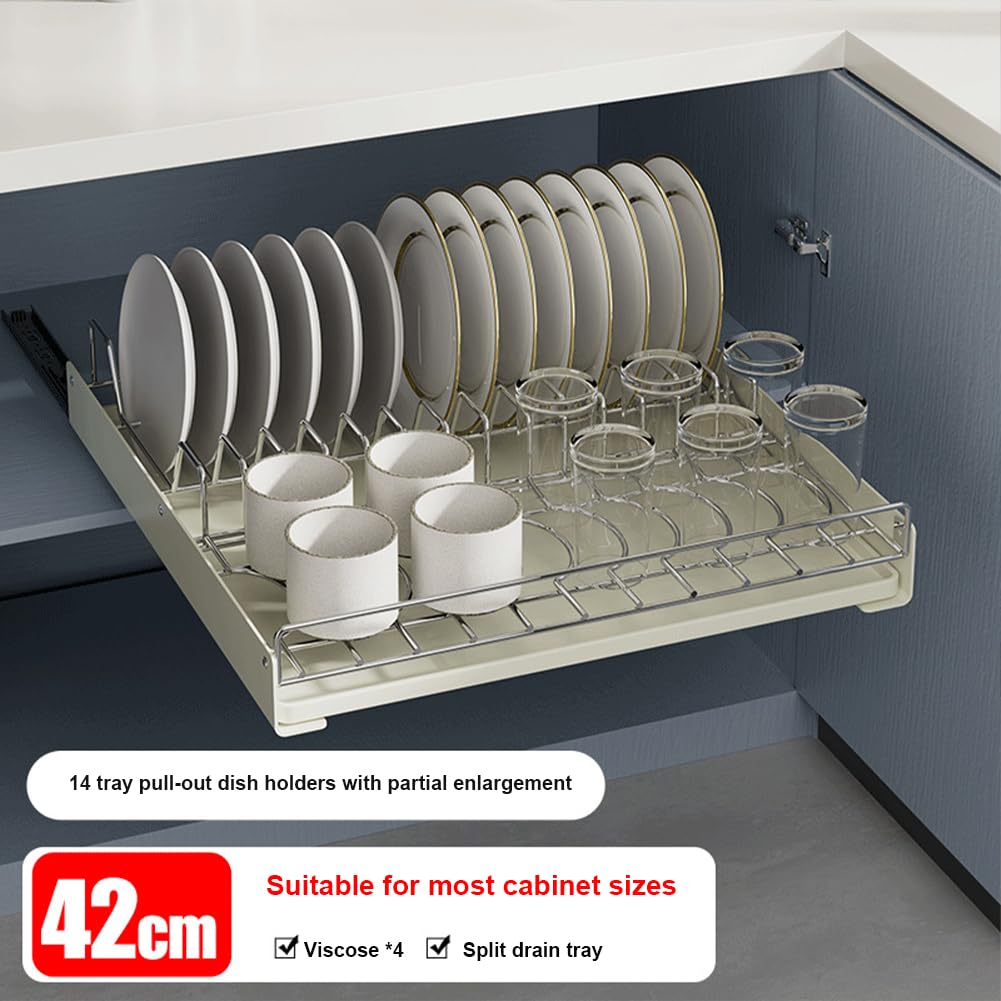 GARVEE Erweiterbar Abtropfgestell Geschirr 42cm Teleskopschublade Edelstahl Für Küche Und Pantry, Silber, Platzsparend