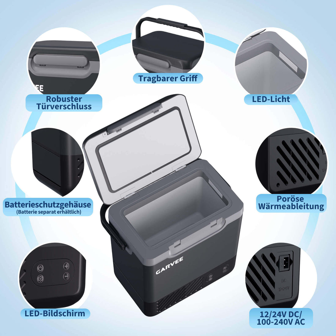 GARVEE 12 L Kompressor-Kühlbox fürs Auto, −20 bis 20 °C, App-Steuerung, 12/24 V, Dunkelgrau