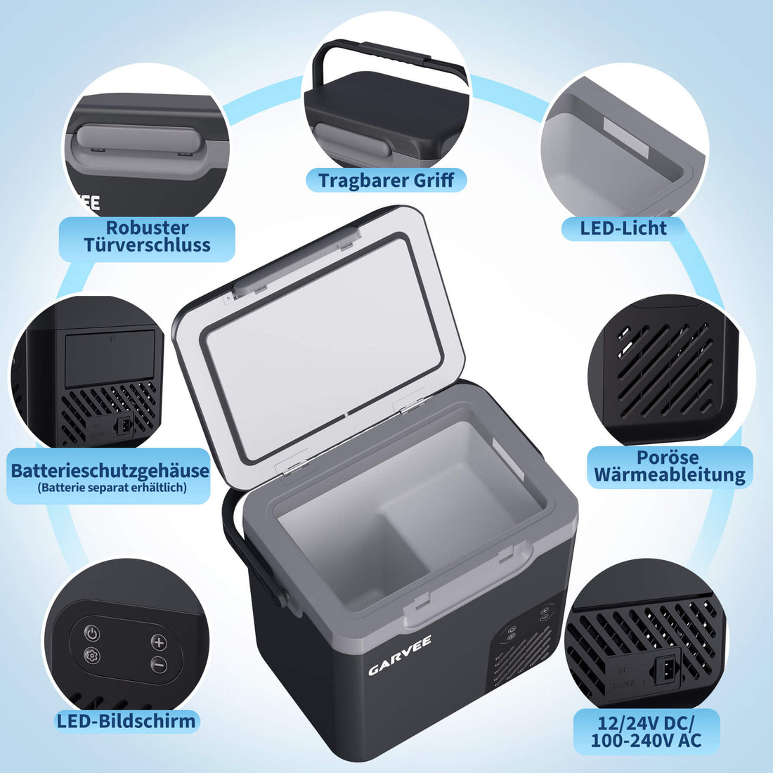 GARVEE 18 L Kompressor-Kühlbox fürs Auto, −20 bis 20 °C, App-Steuerung, 12/24 V, Dunkelgrau