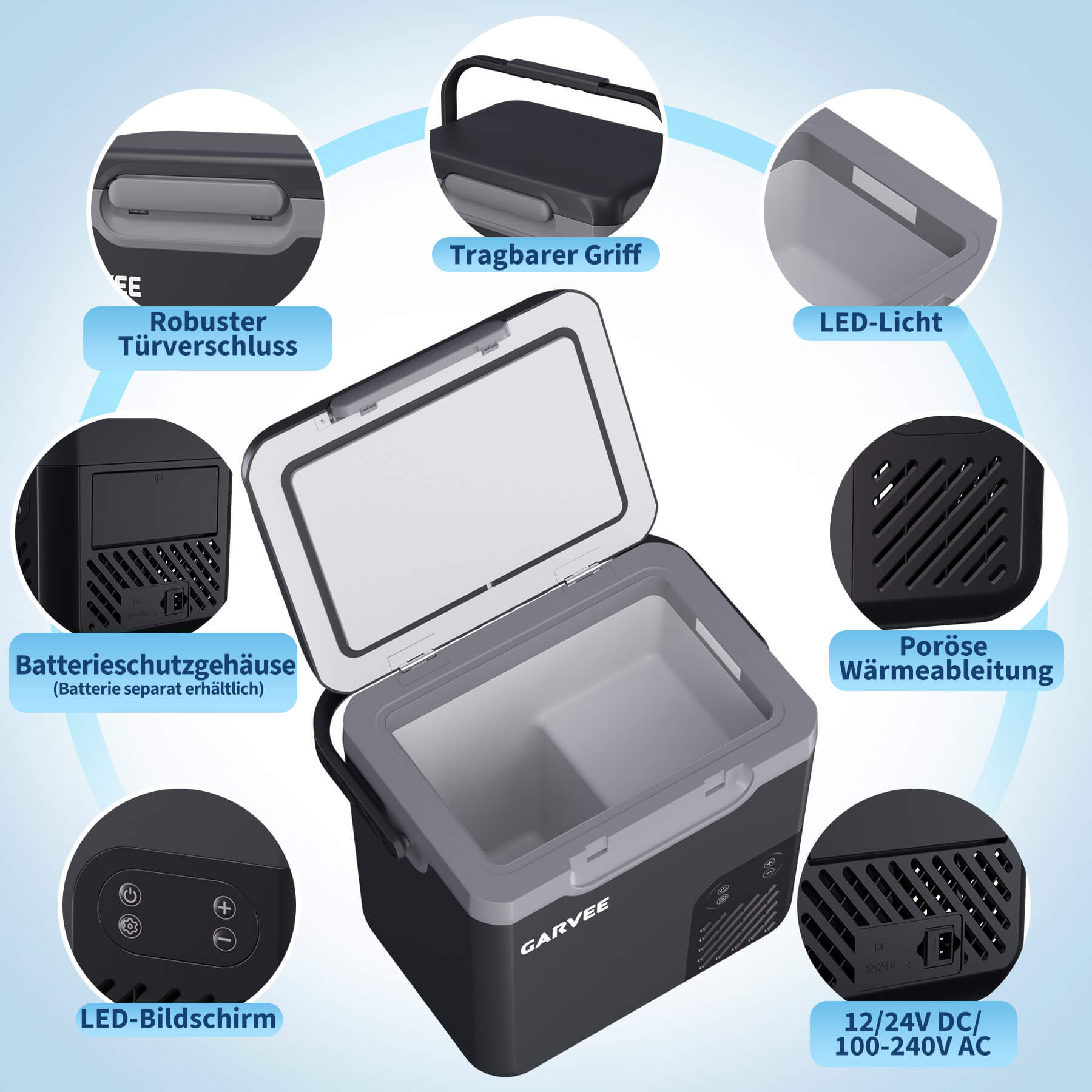 GARVEE 12 L Kompressor-Kühlbox fürs Auto, −20 bis 20 °C, App-Steuerung, 12/24 V, Dunkelgrau