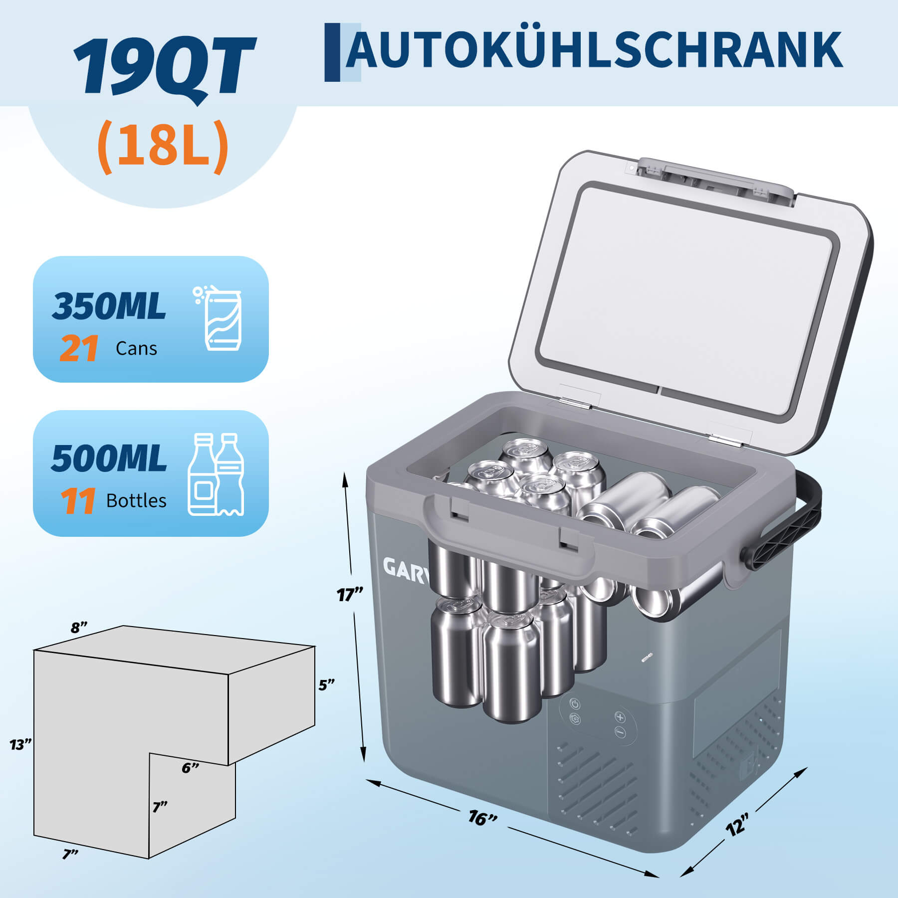GARVEE 12 L Kompressor-Kühlbox fürs Auto, −20 bis 20 °C, App-Steuerung, 12/24 V, Dunkelgrau