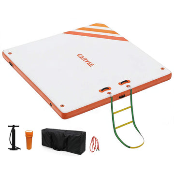 Garvee Aufblasbare Schwimmplattform 3 x 3 m, Für 8–10 Personen, Rutschfest, PVC, Mit Leiter, Für See & Wasser, Orange
