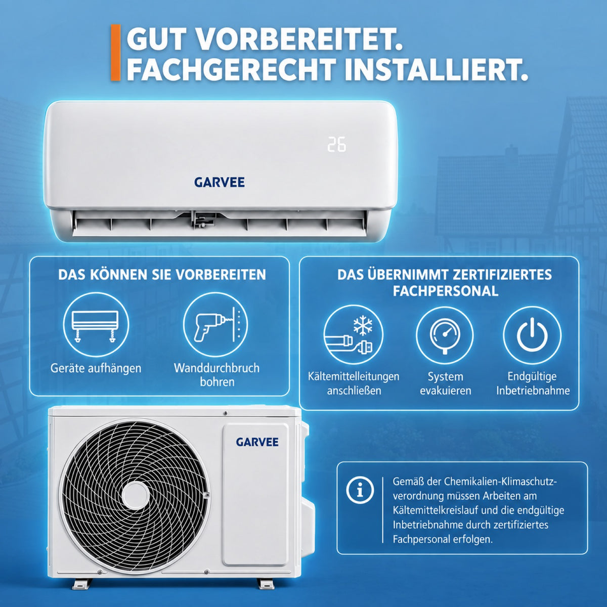 Garvee AUX Split Klimaanlage 9000BTU Klimageräte mit Heizfunktion Kältemittel R32 Inkl. Montagematerial, A++ Energieeffizienz, R32, WLAN-App-Steuerung