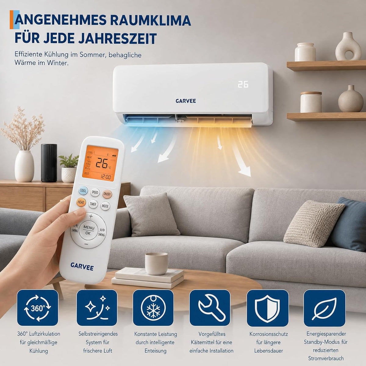 Garvee AUX Split Klimaanlage 9000BTU Klimageräte mit Heizfunktion Kältemittel R32 Inkl. Montagematerial, A++ Energieeffizienz, R32, WLAN-App-Steuerung