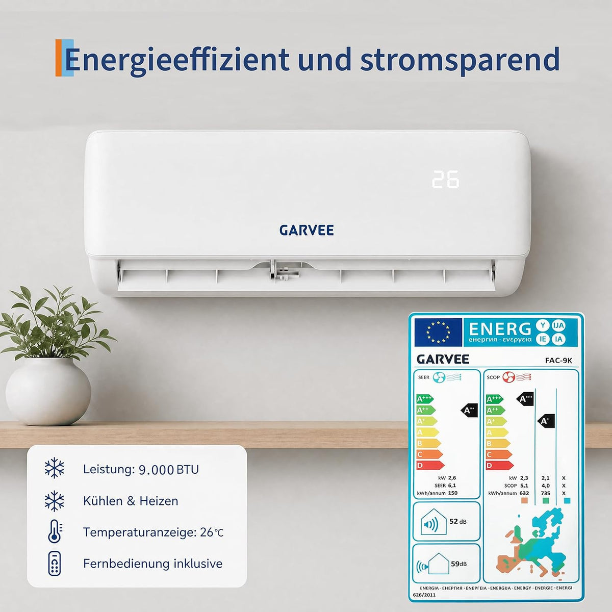 Garvee AUX Split Klimaanlage 9000BTU Klimageräte mit Heizfunktion Kältemittel R32 Inkl. Montagematerial, A++ Energieeffizienz, R32, WLAN-App-Steuerung