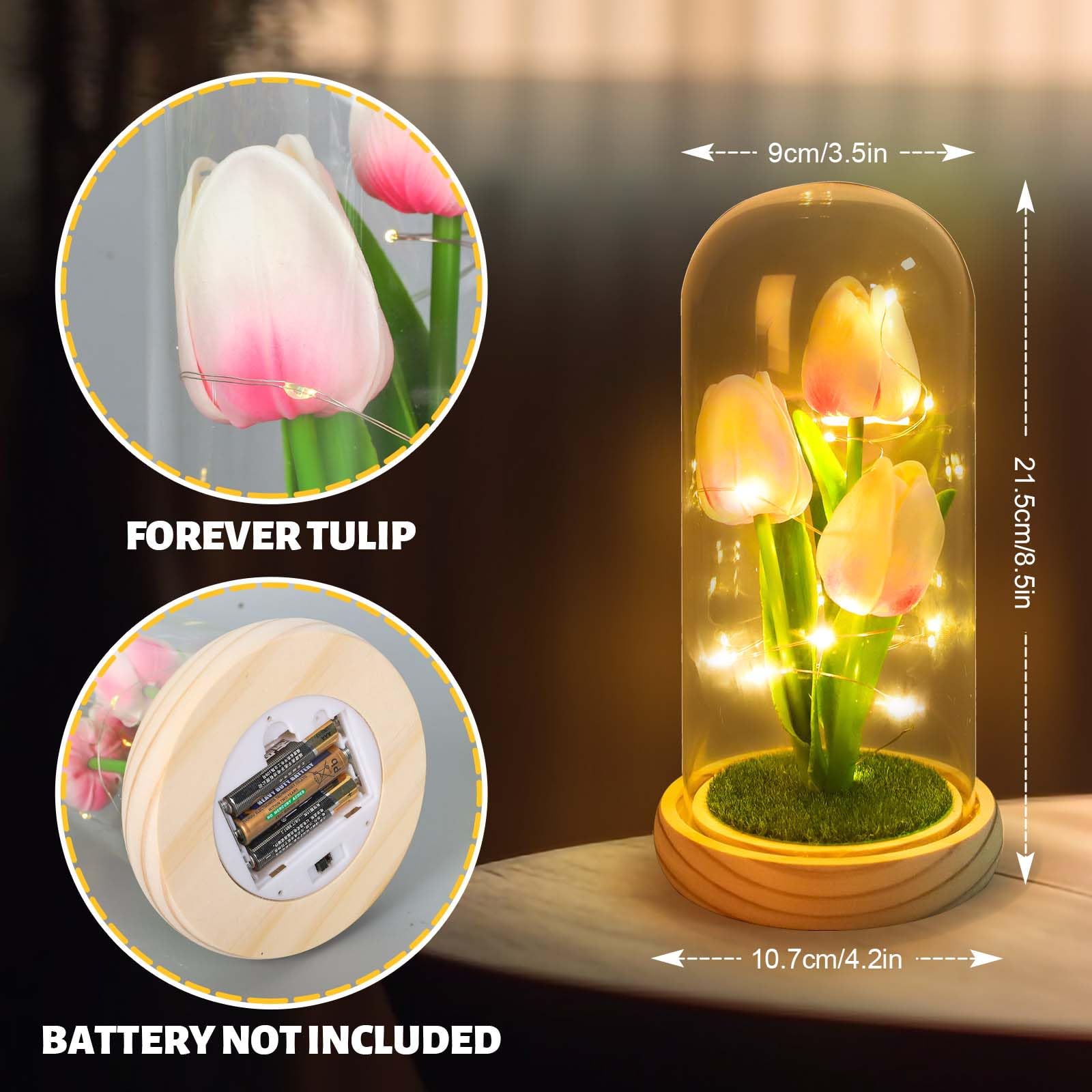 GARVEE Tulpe Nachtlicht mit Glasabdeckung Rosa für Schlafzimmer und Nachttisch, LED Tulpenlampe