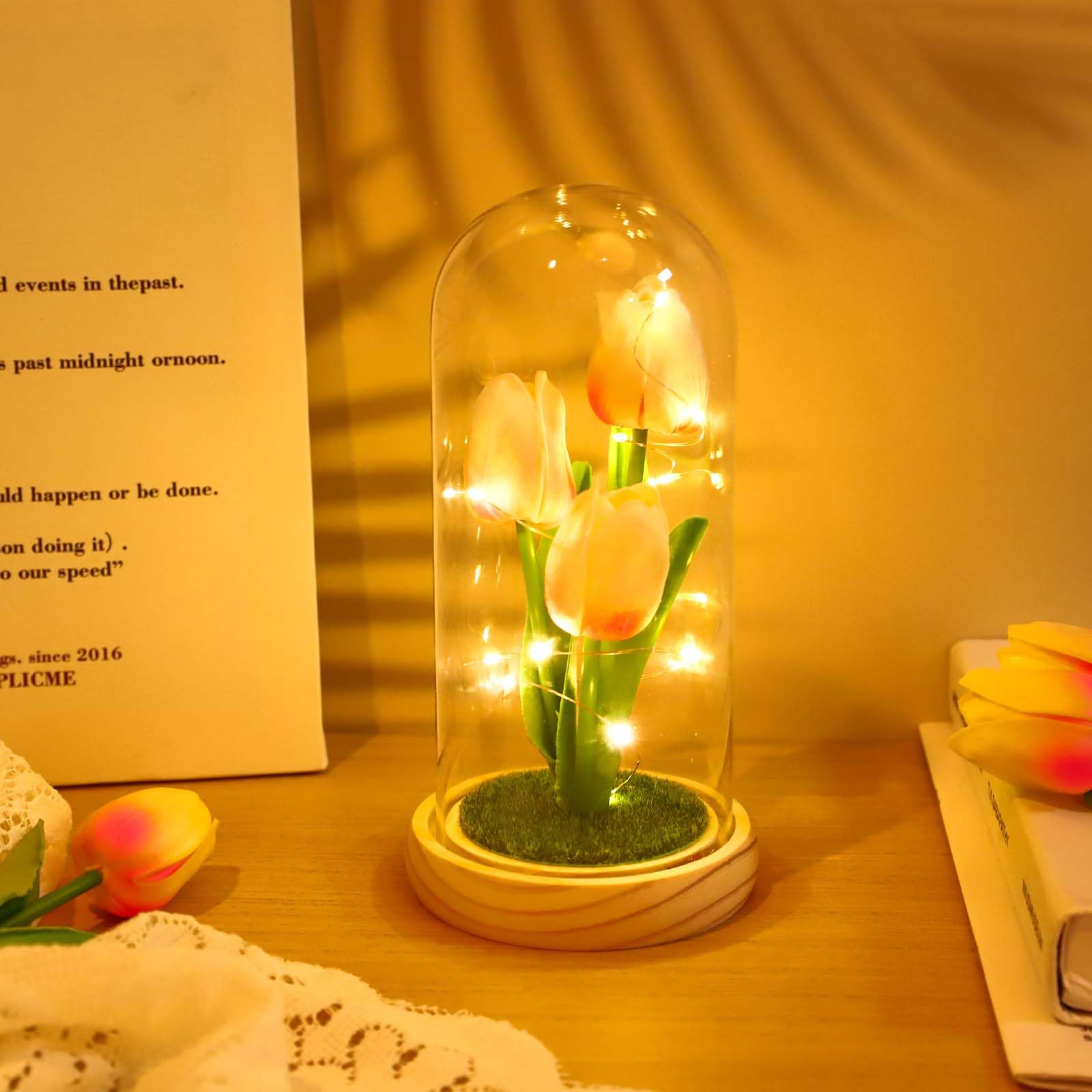 GARVEE Tulpe Nachtlicht mit Glasabdeckung Rosa für Schlafzimmer und Nachttisch, LED Tulpenlampe