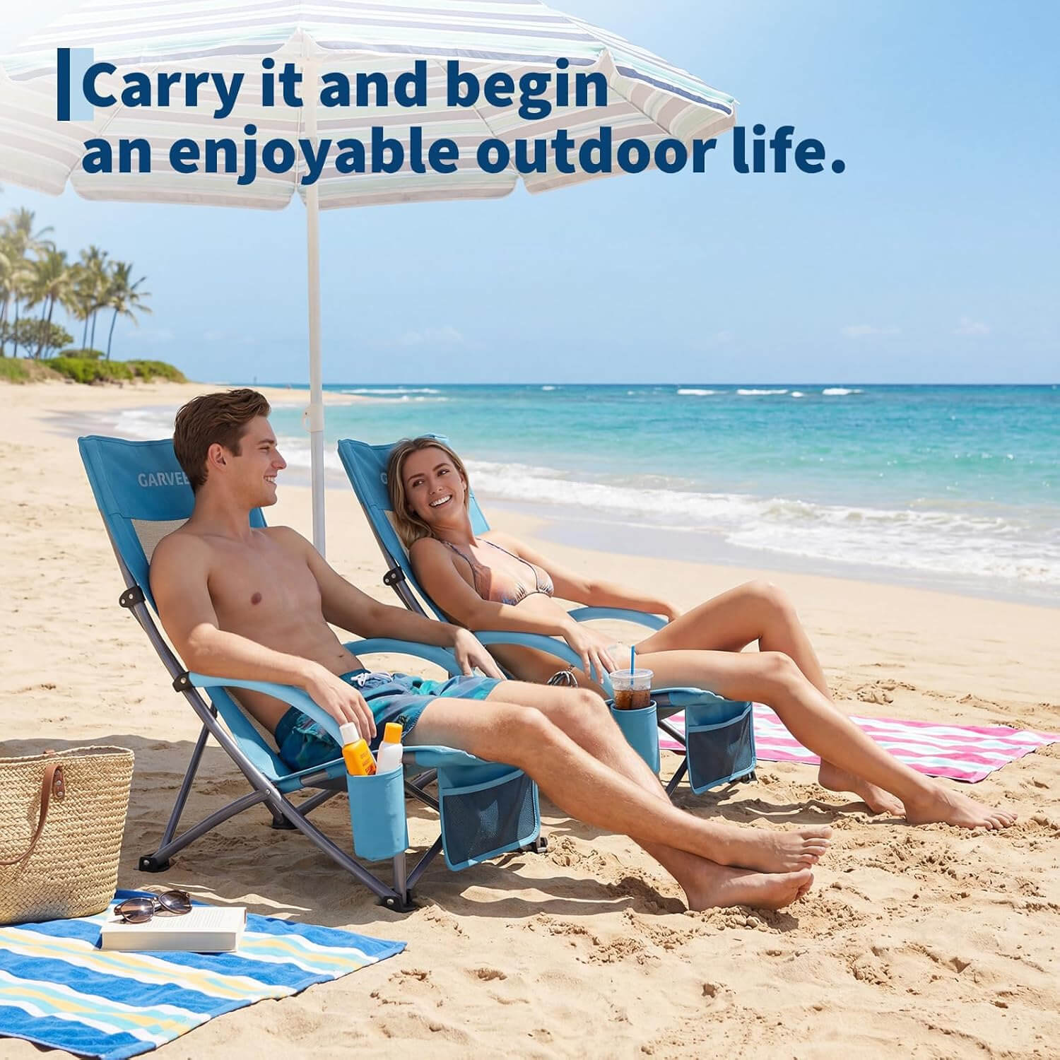 Garvee 2er-Set Strandstühle faltbar, verstellbare Campingstühle mit hoher Rückenlehne, Rucksackgurten, Getränkehalter und 150 kg Tragkraft, für Strand, Camping