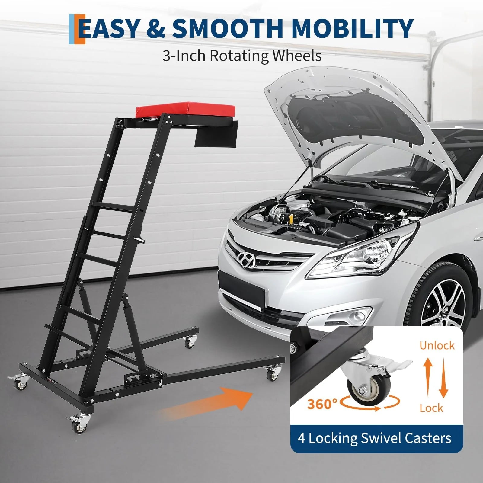 GARVEE Rollbar Automotive Topside Creeper, Engine Creeper 114–168 cm Einstellbar, 181 kg Kapazität High Top Creeper, 4 Lenkrollen, Gepolstertes Deck, Creeper für die Garage zu Hause, Doppelholm