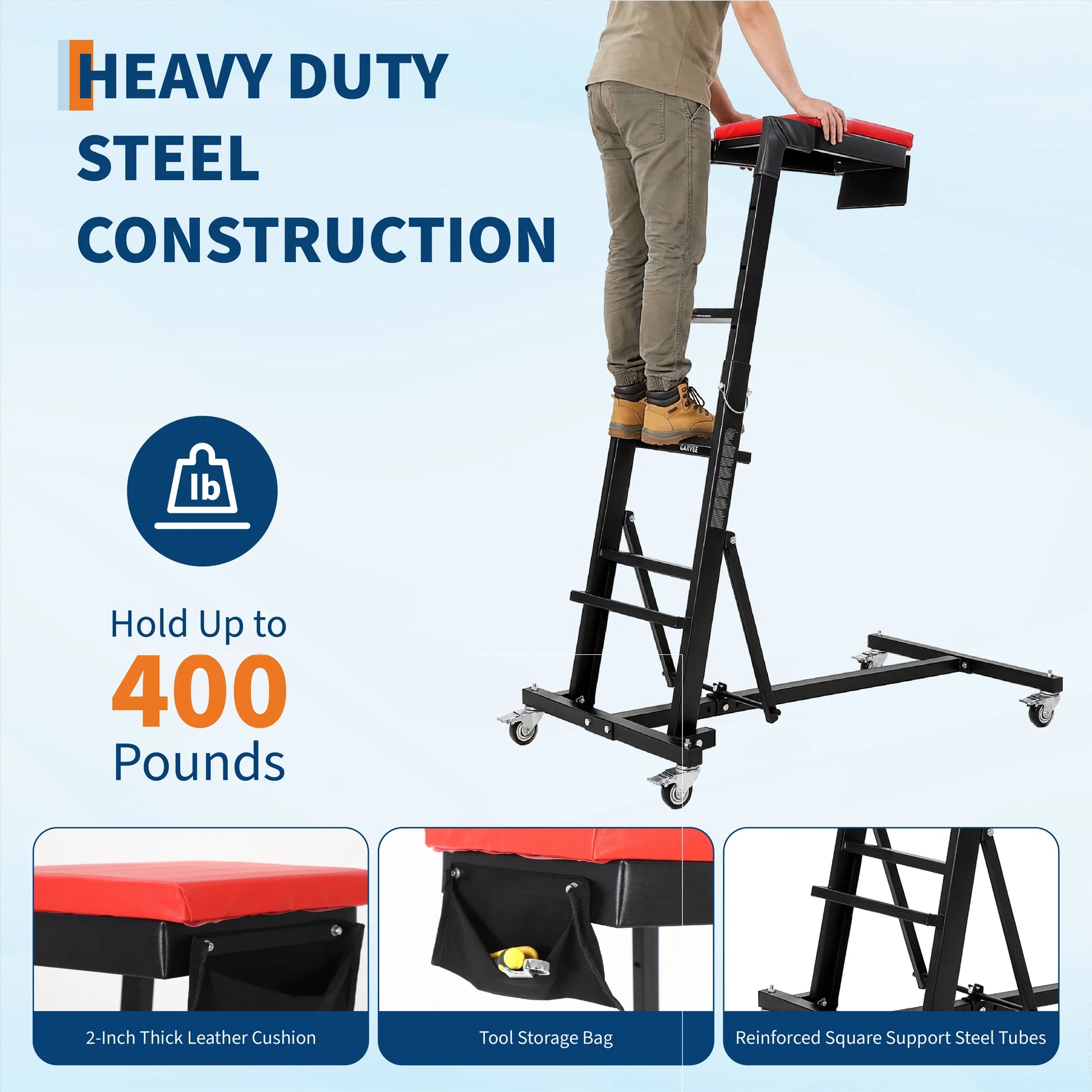 GARVEE Rollbar Automotive Topside Creeper, Engine Creeper 135–178 cm Einstellbar, 181 kg Kapazität High Top Creeper, 4 Lenkrollen, Gepolstertes Deck, Creeper für die Garage zu Hause, Zentralholm