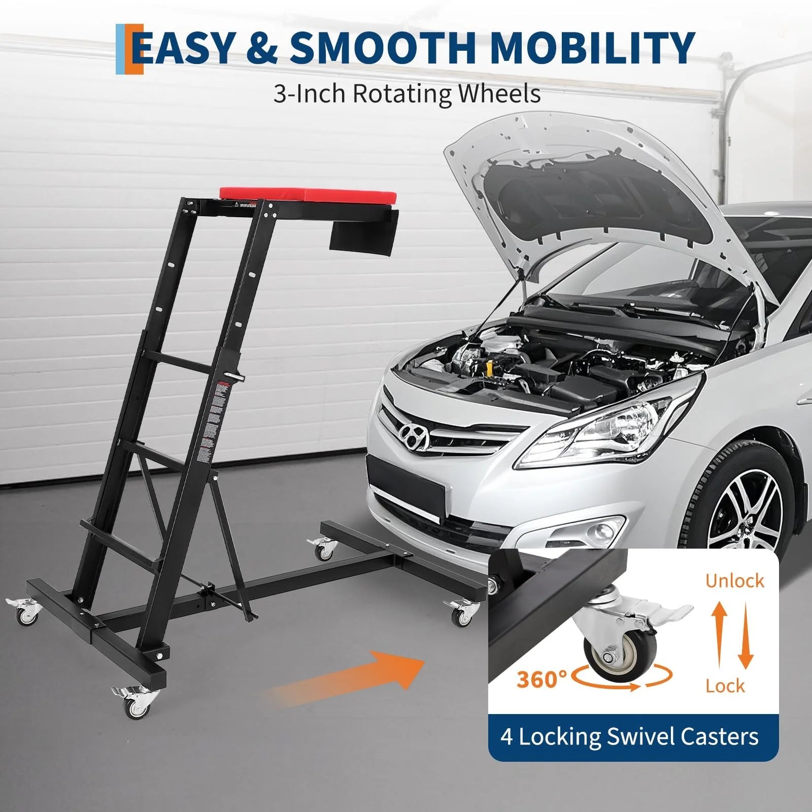 GARVEE Rollbar Automotive Topside Creeper, Engine Creeper 114–168 cm Einstellbar, 181 kg Kapazität High Top Creeper, 4 Lenkrollen, Gepolstertes Deck, Creeper für die Garage zu Hause, Zentralholm