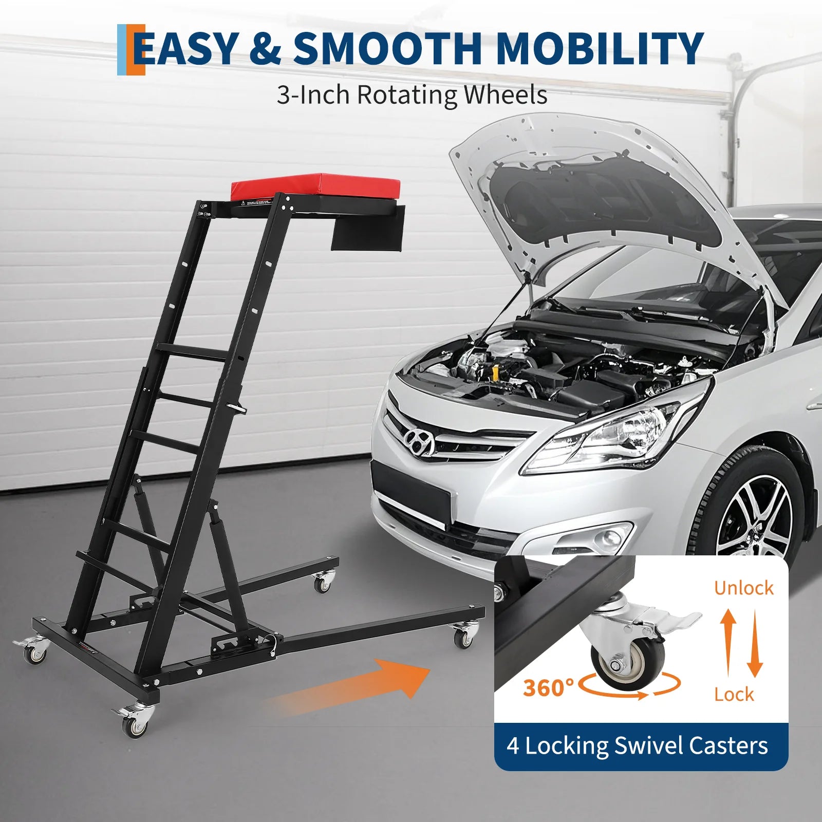 GARVEE Rollbar Automotive Topside Creeper, Engine Creeper 116–168 cm Einstellbar, 181 kg Kapazität High Top Creeper, 4 Lenkrollen, Gepolstertes Deck, Creeper für die Garage zu Hause, Doppelholm