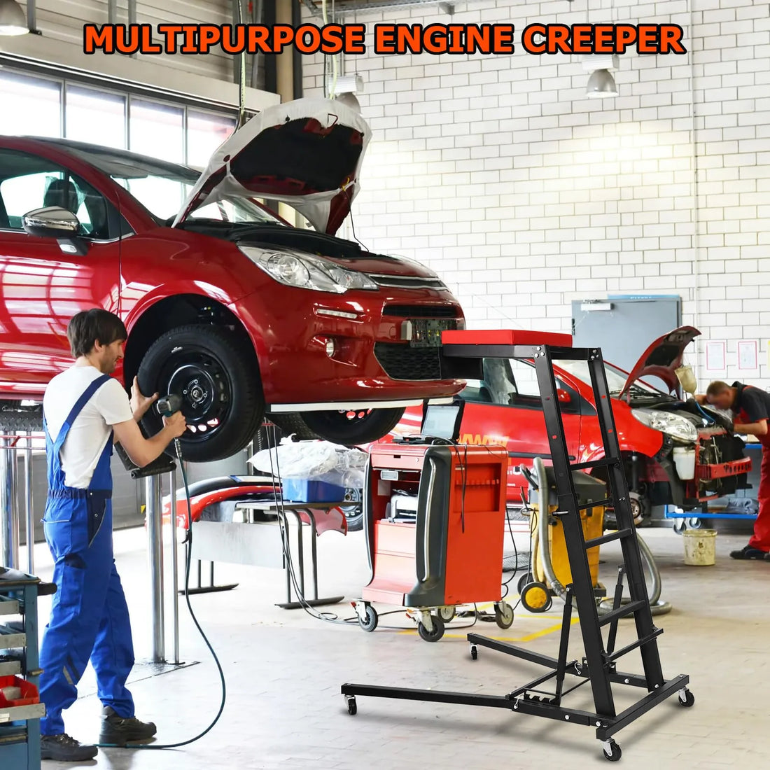 GARVEE Schwerlast Automotive Topside Creeper, Motor-Arbeitsbühne 121–166 cm Höhenverstellbar, 181 kg Tragkraft, Gepolsterte Plattform mit 4 Schwenkrollen für Motorwartung und Fahrzeugreparatur, Schwarz