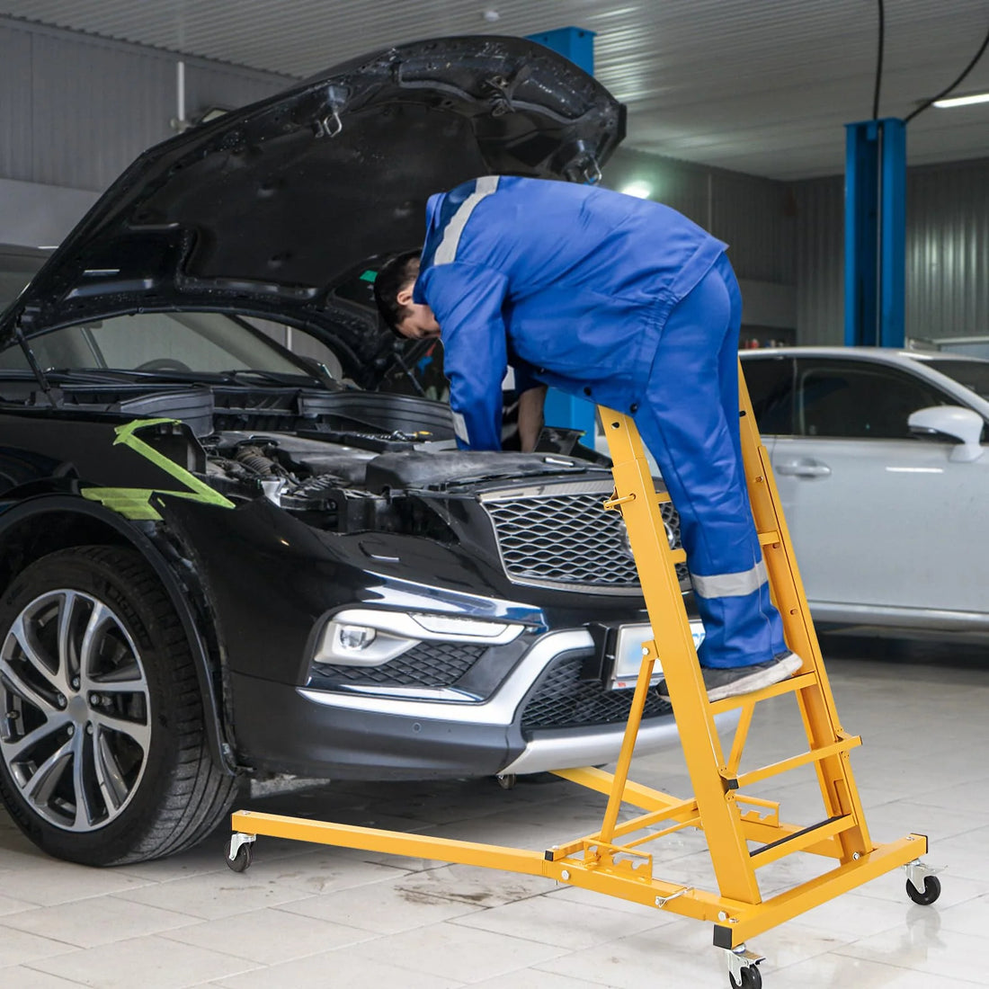 GARVEE Schwerlast Automotive Topside Creeper, Motor-Arbeitsbühne 122–168 cm Höhenverstellbar, 181 kg Tragkraft, Gepolsterte Plattform mit 4 Schwenkrollen für Motorwartung und Fahrzeugreparatur, Gelb