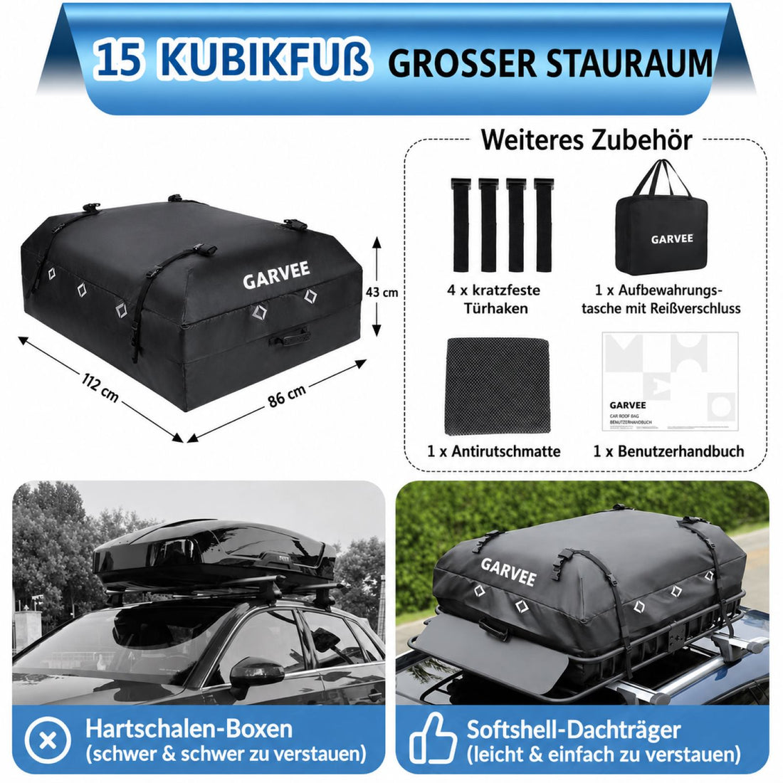 Garvee Dachgepäcktasche 425 L, wasserdicht, 112 × 86 × 43 cm, mit 8 Gurten & 4 Türhaken