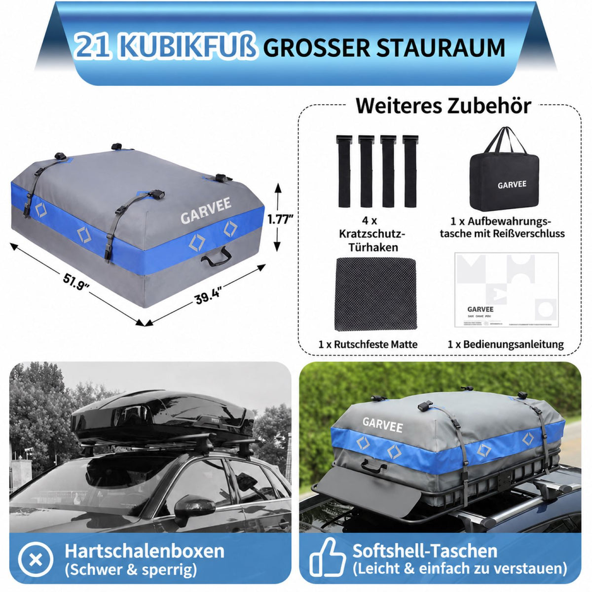Garvee Dachgepäcktasche 132 x 100 x 45 cm, 595 L Wasserdichte Dachtasche mit 4 Türhaken & 8 Verstärkten Gurten für SUV & Auto, Schwarz