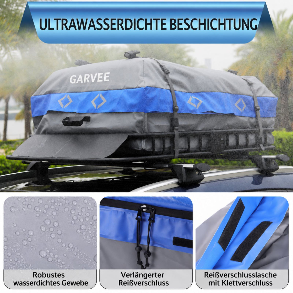 Garvee Dachgepäcktasche 132 x 100 x 45 cm, 595 L Wasserdichte Dachtasche mit 4 Türhaken & 8 Verstärkten Gurten für SUV & Auto, Schwarz